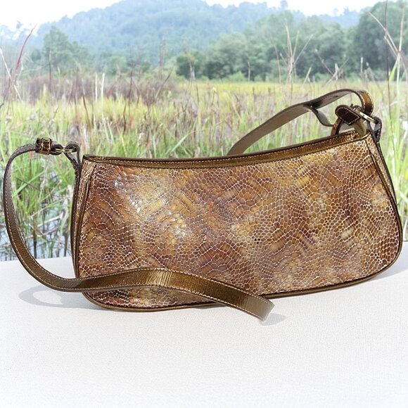 Brahmin Roxanne Metallic Copper Bronze Snakeskin Style Patent Shoulder Bag - Picture 1 of 9